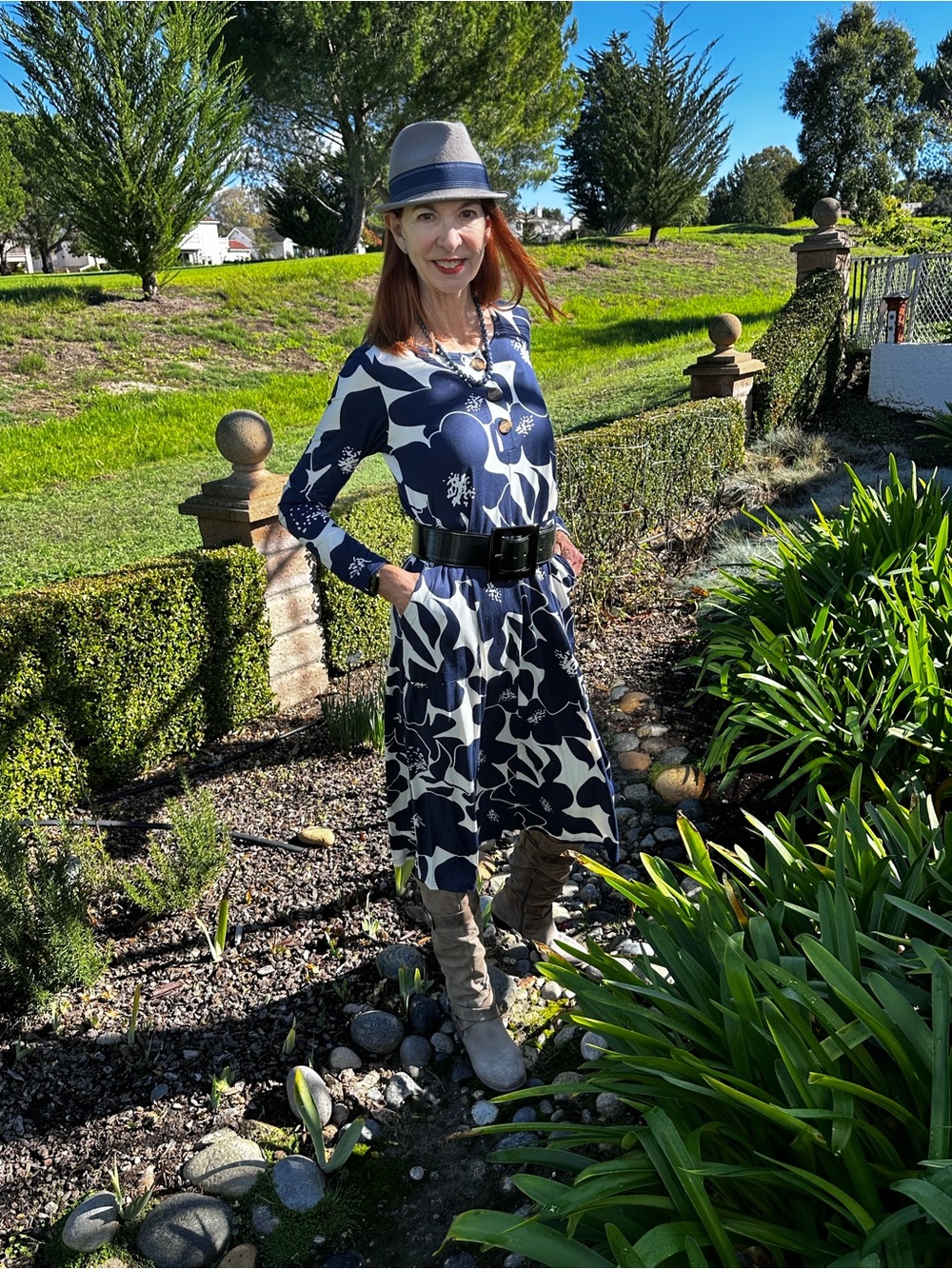 Navy and White Floral Midi Dress